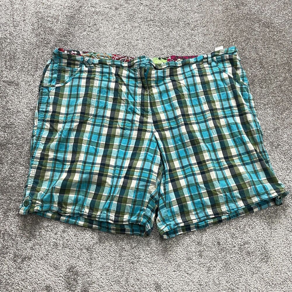 Avenue Perfect Plaid Chino Shorts Womens 26 Blue Green Casual Cotton Pockets